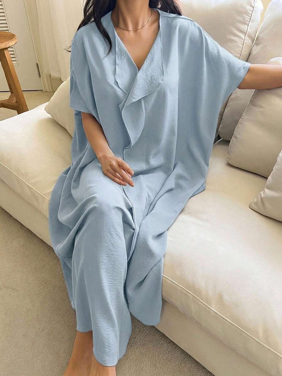 DAZY 女款純色寬鬆V領長款睡袍家居連身裙 秋季 - 藍色 - 查看 1