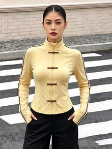 SHEIN 青少年女孩，經典百搭純色系列。衣物飾有手工縫製鈕扣封口，增添東方魅力 - 黃色 - 查看 3
