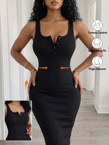 BamGleam Ladies' Solid Color Simple Daily Cami Dress Maxi Women Outfit Women Black Dress - Black - View 9