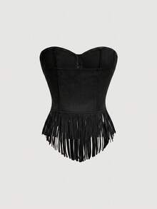 SHEIN MOD 女款夏季時尚流蘇下擺抹胸上衣 - 黑色 - 查看 2