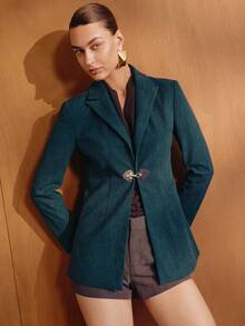 MOTF PREMIUM WOMEN'S COMMUTER ELEGANT AIRPLANE BUCKLE FRONT OPEN BLAZER - Dark Green - View 7
