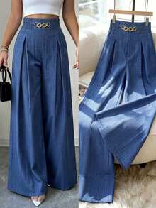 Elenzga Pantalones de Primavera/Otoño con Anillo Metálico, Pierna Ancha y Cintura Plisada - Azul - Ver 4