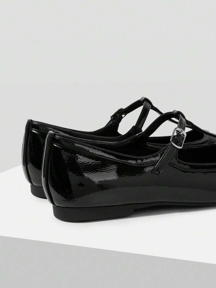 MOTF PREMIUM WOMEN'S NEW BLACK PU MATERIAL T-STRAP FLAT SHOES FALL SHOES - Black - View 5