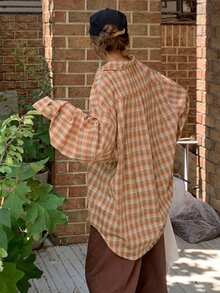 DAZY Women's Fall Casual Plaid Loose Jacket Work Everyday School Going Out Brown Plaid Thanksgiving - Orange - View 7