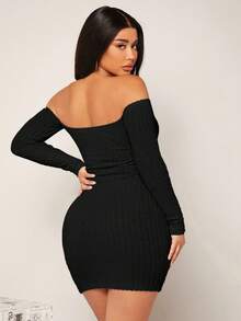 SHEIN SXY Off Shoulder Single Breasted Bodycon Dress - Black - View 2