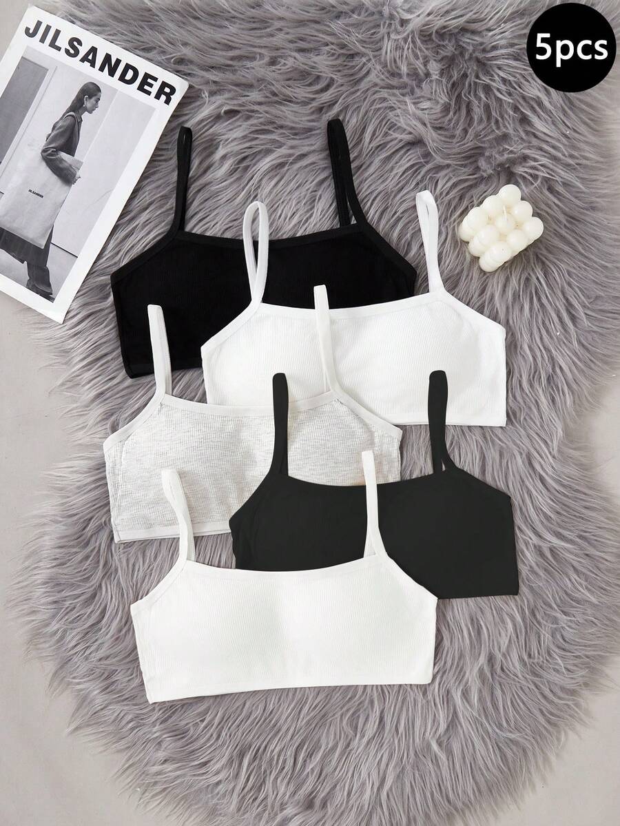 SHEIN 女童內衣與無鋼圈胸罩 5 件組，無縫彈性抹胸，可調節肩帶，黑白灰基本純色，適合學校冬季穿著 - 彩色 - 查看 1