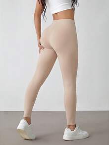 SHEIN PETITE 女款純色高腰休閒百搭內搭褲 - 駝色 - 查看 2