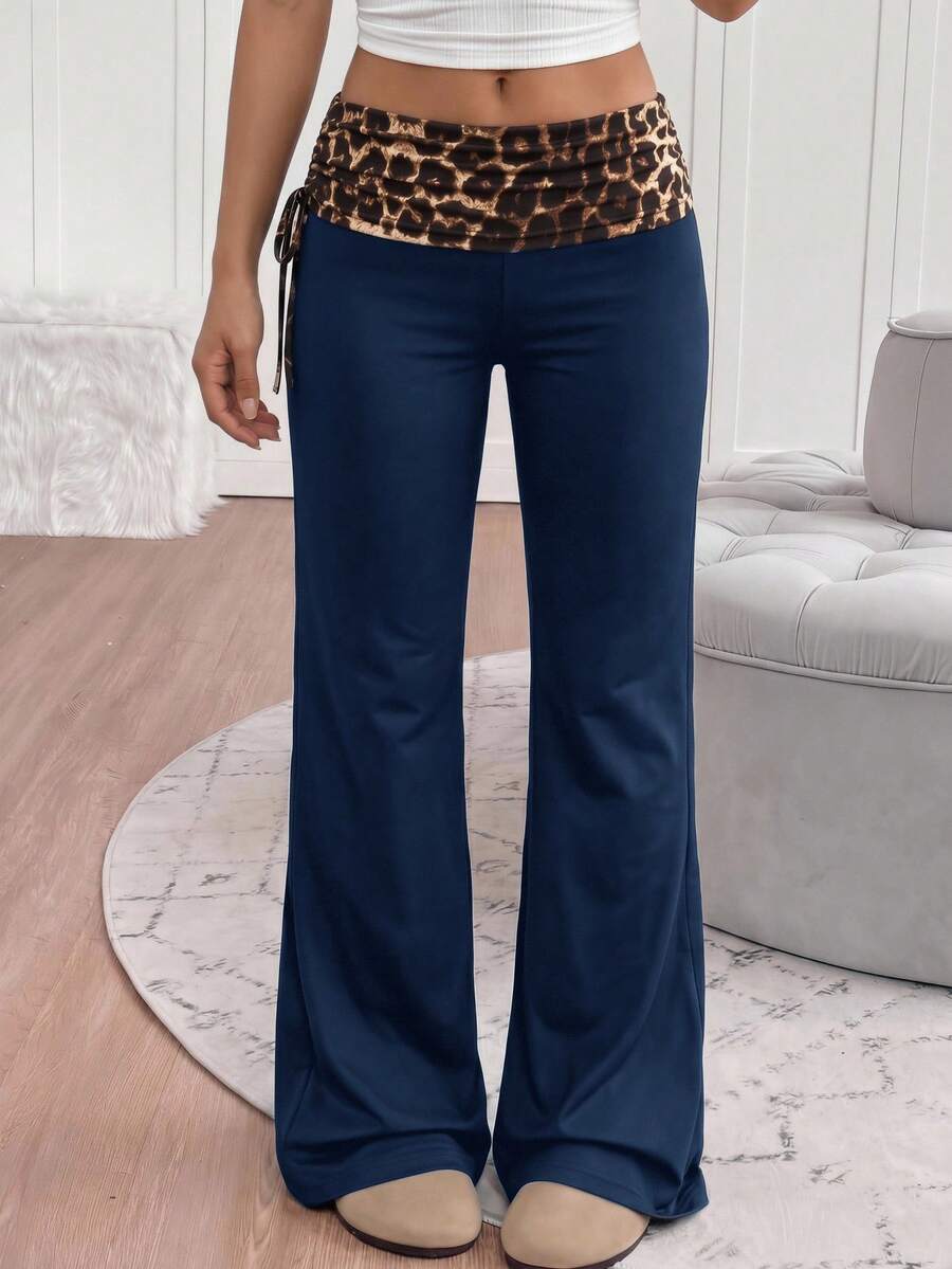 Tween Girls Tween Girl Pants Street Style Versatile Vintage Side Drawstring Y2K Patchwork Leopard Print Flare Leg Pants - Blue - View 1