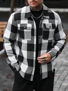 Manfinity CasualCool 男士黑色復古格紋翻領寬鬆休閒夾克襯衫 - 黑色 - 查看 4