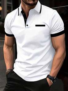 Manfinity Homme 男士拼色休閒百搭日常穿著短袖 Polo 衫 - 白色 - 查看 1