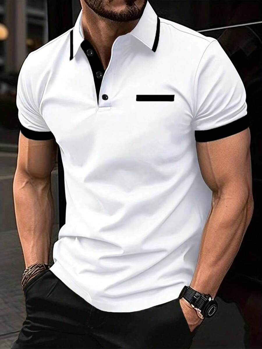Manfinity Homme 男士拼色休閒百搭日常穿著短袖 Polo 衫 - 白色 - 查看 1