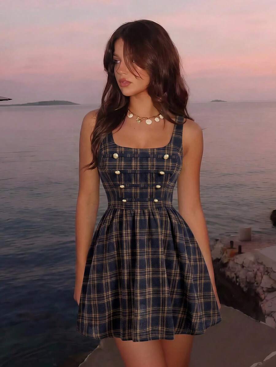SHEIN MOD 女款夏季休閒 90 年代優雅學院風復古格紋無袖迷你洋裝,適合返校、日常、派對、生日、畢業典禮,海軍藍 - 藏蓝色 - 查看 1
