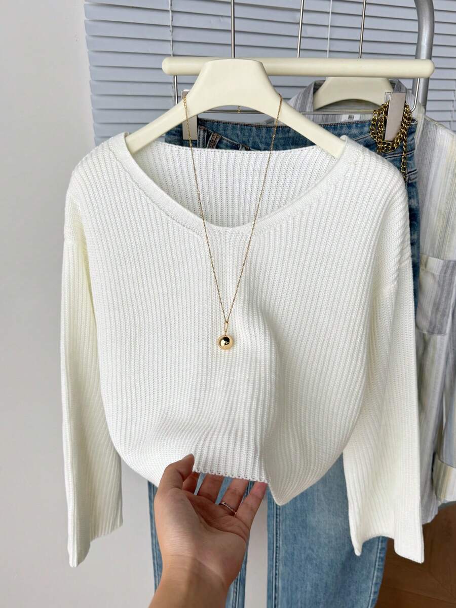 SHEIN 少女棕色秋冬休閒校園開學針織套頭毛衣,羅紋領結 - 杏色 - 查看 1