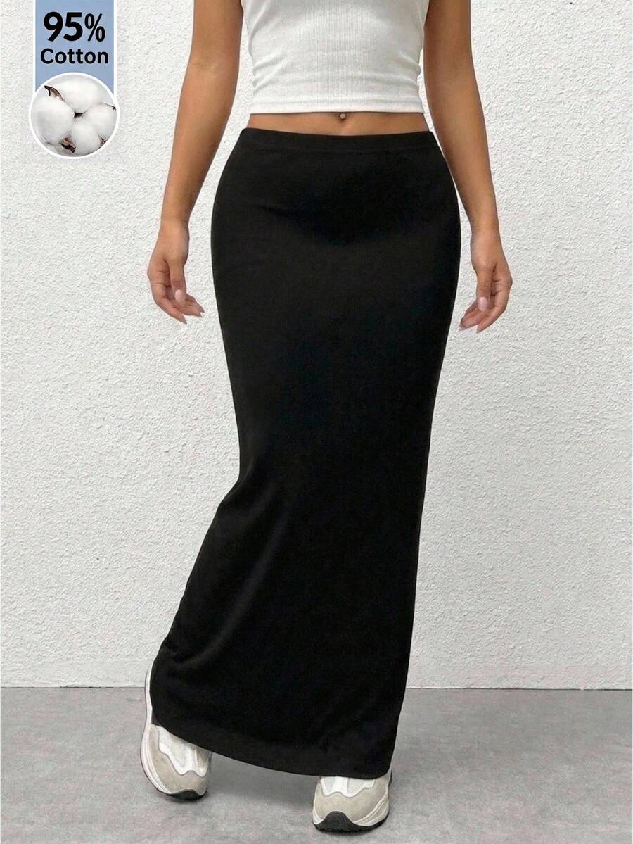 SHEIN Tween女孩街頭風休閒針織素色修身長裙 母女套裝 - 黑色 - 查看 1