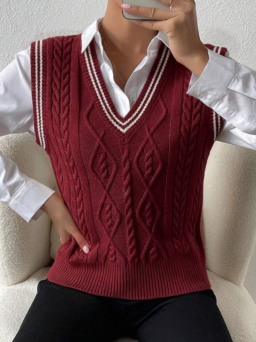 SHEIN PariChic 秋冬季休閒拼色條紋針織背心 - 酒紅色 - 查看 1