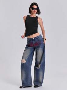 ROMWE Summer Autumn Winter Spring Street Casual Y2K Letter Contrast Color Embroidery Distressed Spray Paint Loose Straight Leg Curved Hem Jeans - Blue - View 3