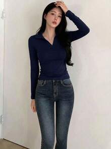 DAZY 女款修身純色 Polo 領長袖極簡風 T 恤 - 寶藍色 - 查看 6