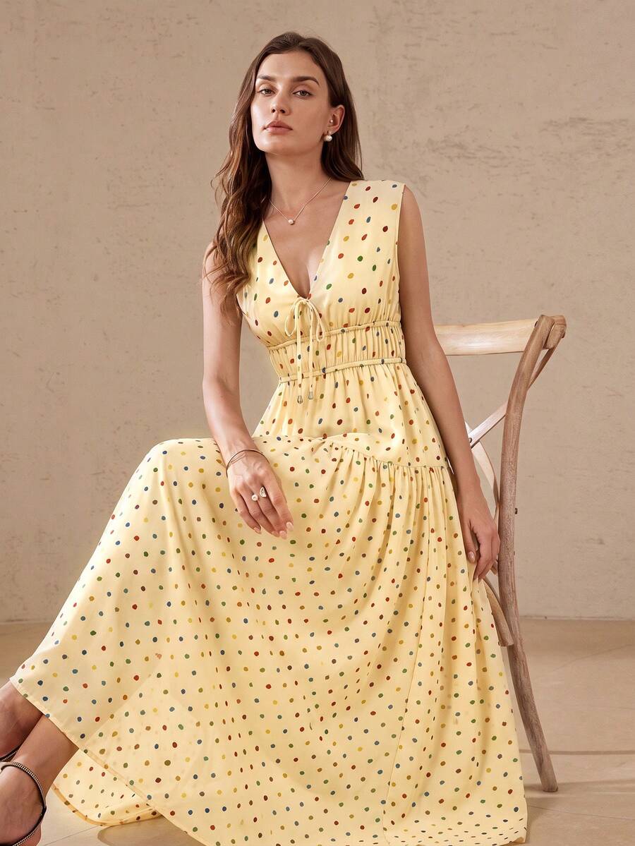 Revavyn 法式復古浪漫波希米亞極簡優雅女款雪紡淡黃色V領前綁帶收腰大擺無袖洋裝，適合夏季早午餐 - 黃色 - 查看 1