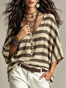 Trelyra Vintage Striped V-Neck Drop Shoulder Loose Top, Bohemian Style Colorblock Striped Drop Shoulder Short Sleeve Blouse - Brown - View 3