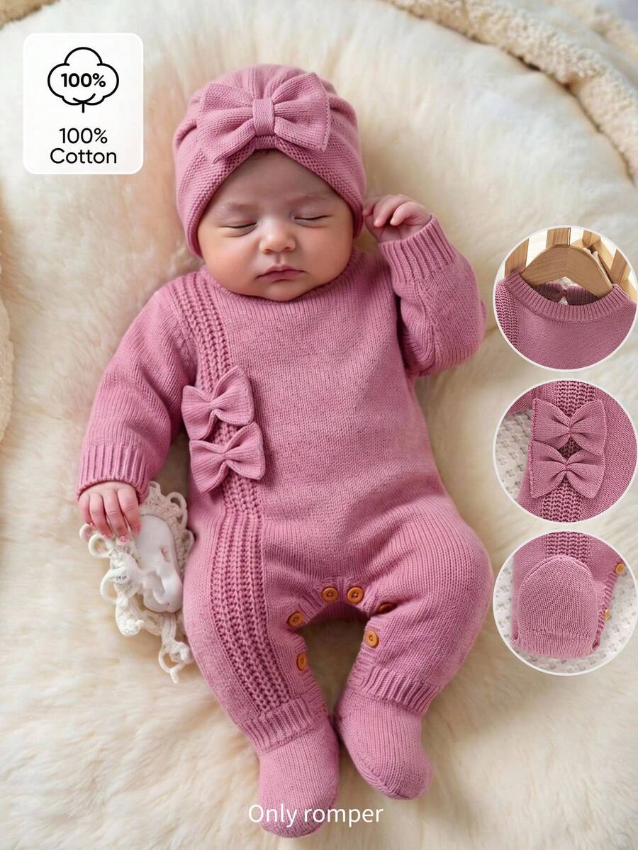 SHEIN Newborn Baby Sweater Onesies, Fashionable Cute Knitted 3D Bow Round Neck Back Button Long Sleeve Footed Romper,Soft Comfortable For Pure Cotton Fabric - Pink - View 1