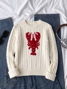 Elamini Women's Autumn/Winter Casual Elegant Coastal Chic Versatile Lobster Embroidered Pattern Rope Knit Sweater Vacation Beach White Red - Beige - View 4