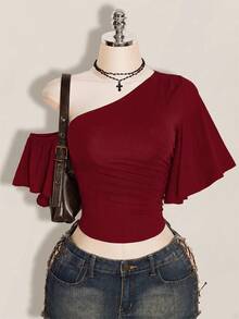 SHEIN ICON 女款素色不對稱領休閒百搭日常穿搭上衣 - 酒紅色 - 查看 6