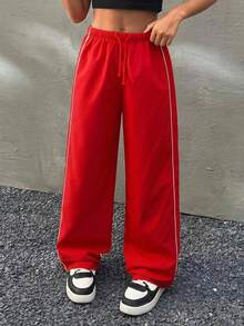 Coolane Kids 青少年女孩紅白色條紋寬腿運動長褲，冬季運動健身服，返校季母女套裝復古美式足球排球男孩長褲 - 紅色 - 查看 1