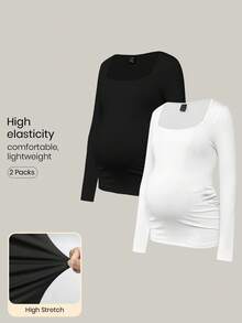 Modmama 2pcs Pregnant Women Skinny Long Sleeve Square Neck Casual T-Shirt Set, For Maternity Fall - Black and White - View 2