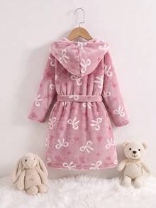 SHEIN Kids Young Girl Young Girl Young Girl Young Girl Heart- Bow Pattern Thermal Lined Thick Plush Hooded Long Sleeve Tie Bathrobe Autumn Winter Pajamas - Pink - View 2