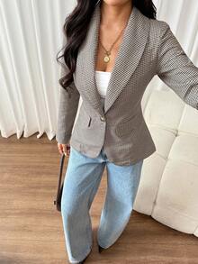SHEIN PETITE Women's Casual Plaid Long Sleeve Blazer - Multicolor - View 6