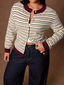 Rustia Cardigan Kasual Serbaguna Wanita Ukuran Plus Motif Garis-Garis Blok Warna untuk Aktivitas Sehari-hari di Musim Dingin - MultiWarna - View 6