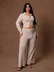 Rustia American Vintage Coffee Blue Ribbed Ribbed Knit Set, Loose Short Sleeve Cuffed Pants Casual Loungewear Fall - Khaki - View 5