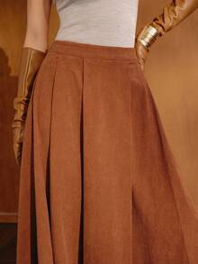 MOTF PREMIUM WOMEN'S AUTUMN/WINTER CORDUROY SOLID COLOR FOLD PLEATED SKIRT - Brown - View 5