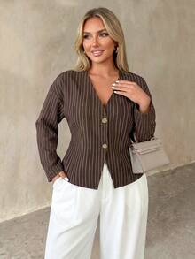 Auralis Brown Button-Down Long Sleeve Metal Button Decor Plus Size Fall Shirt/All-Season Striped Vintage Casual Smart Top Elegant Office Working Blouse Women - Brown - View 5