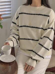 DAZY Women's Colorblock Striped Loose Long Sleeve Crew Neck Casual Vacation Spring Autumn Pullover Knit Sweater - White - View 3