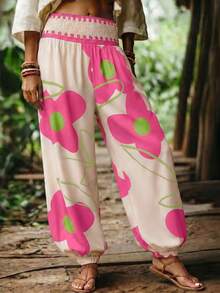 Louniche Women's Elastic Waist Lantern Pants For Spring/Summer Vacation, Fashionable For Summer Wear Beach Vacation Pink Floral - Multicolor - View 6