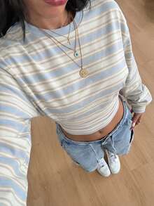 Coolane 女款韓系街頭風條紋拼色短版收腰長袖運動衫 - 白色 - 查看 4