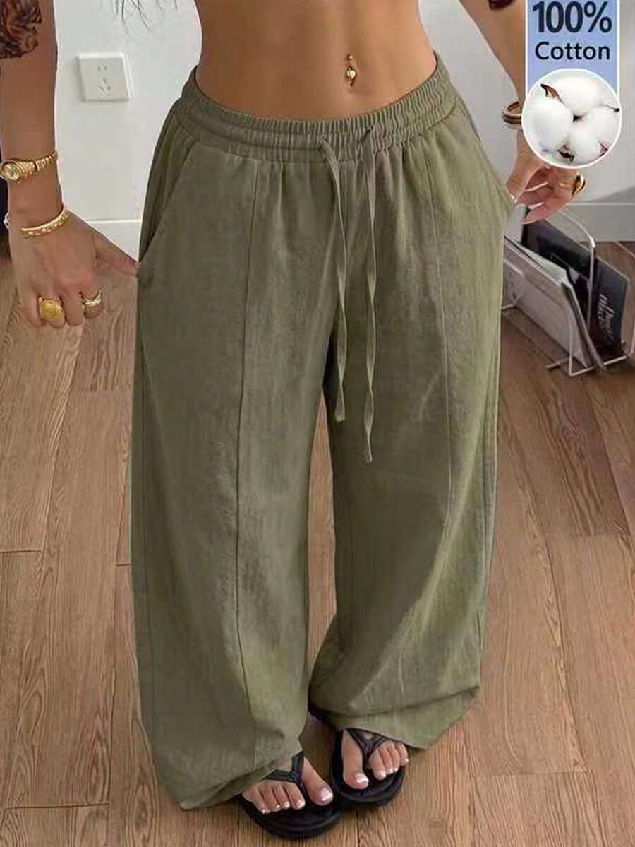 Coolane Women's Solid Color Drawstring Waist Casual Versatile Daily Wear Long Pants - Army Green - View 1