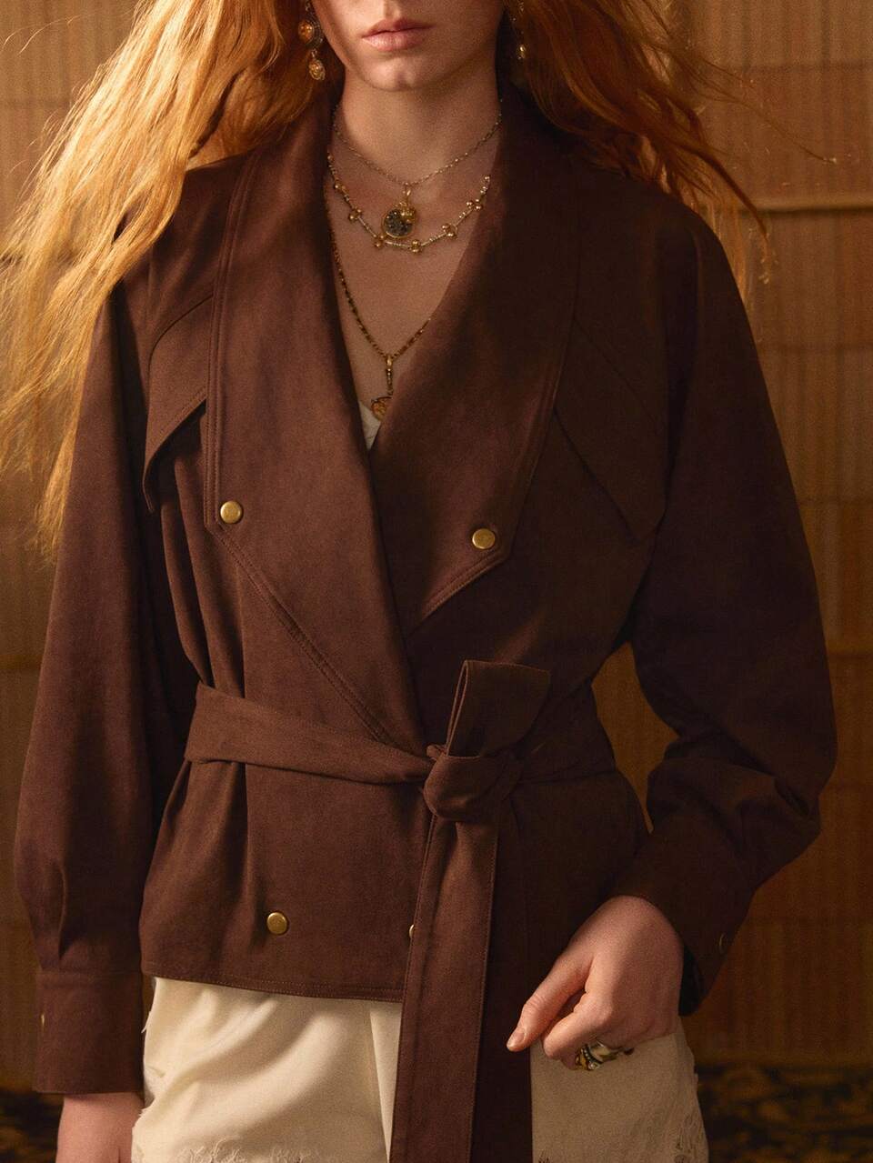 MOTF STUDIO DOUBLE-BREASTED LARGE LAPEL SHORT JACKET WITH BELT
