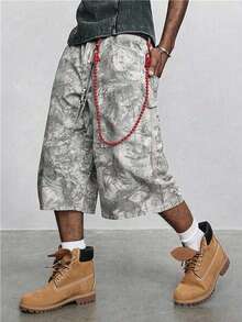 ROMWE MEN Goth Celana Pendek Denim Pria Model Lurus Longgar Kasual dengan Motif Tanaman yang Dicuci - Aprikot - View 9