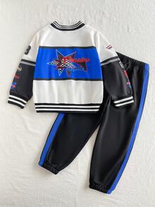 SHEIN Playful Pals 2件組男童秋冬時尚街頭風學院風休閒藍黑白拼色字母印花賽車棒球夾克搭配鬆緊腰長褲運動套裝，適合日常穿著與多種場合 - 藍白色 - 查看 2