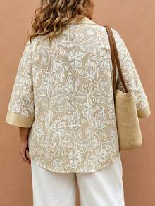 SHEIN LUNE Women's Plus Size Casual Versatile Vintage Elegant Lace Style Random Print Lapel 3/4 Sleeve Loose Fit Blouse, Suitable For Spring And Summer Fall - Multicolor - View 2