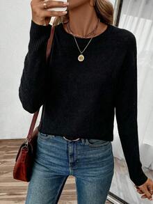 SHEIN PariChic Women's Solid Color Casual Versatile Daily Wear Long Sleeve Sweater - Black - View 3