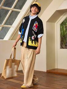 Devon Thys ANDREILEE Men's Casual Loose Solid Color Cardigan Sweater With Heart, Wave, Letter Graphic, V-Neck, Button Front, Long Sleeve, Knit Top For Autumn/Winter - Black - View 3