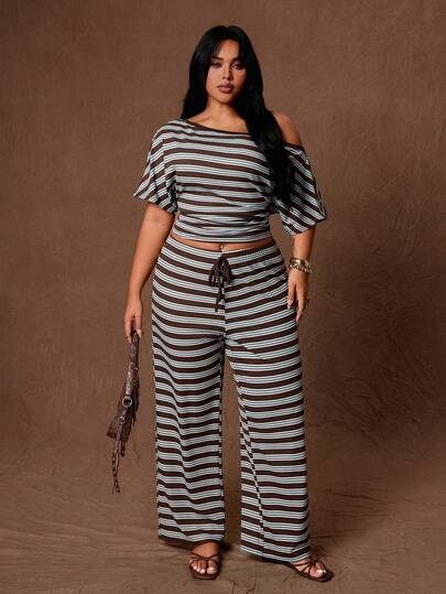 Rustia Women's 2-Piece Set: Asymmetrical Neck Asymmetric Short Sleeve T-Shirt + Loose Striped Contrast Color Pants, Elegant Cute Vacation Casual Home Wear, Spring Summer All Season, Coffee Color, Plus Size