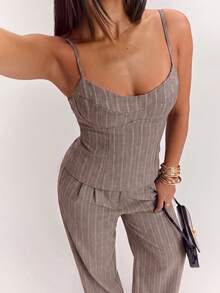 SHEIN BAE Women's Striped Fitted Casual Camisole - Khaki - View 7
