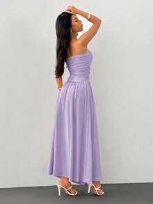 SHEIN PETITE Gaun Elegan Wanita Model Bandeau Berlipit Warna Polos - Mauve Purple - View 2