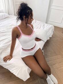 Amplova 2pcs Contrast Color Lace Patchwork Bow Decor Camisole And Mini Shorts Set - White - View 9