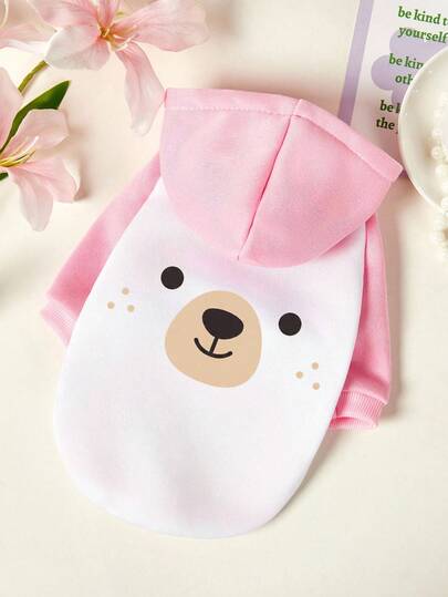 PETSIN 1 pieza Sudadera con capucha para mascotas con estampado de oso tímido, estilo casual, rosa con patchwork blanco, gruesa, cálida, suave y cómoda