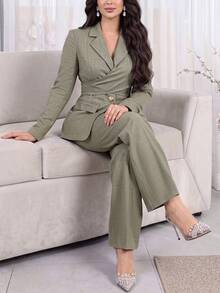 Feyla Setelan Jas Baru Gaya Prancis dengan Desain Unik, Celana Panjang Model Mengembang dengan Ikat Pinggang Ramping, Cocok untuk Perjalanan Sehari-hari, Serbaguna, dan Elegan, Warna Hijau Muda. - Hijau - View 1